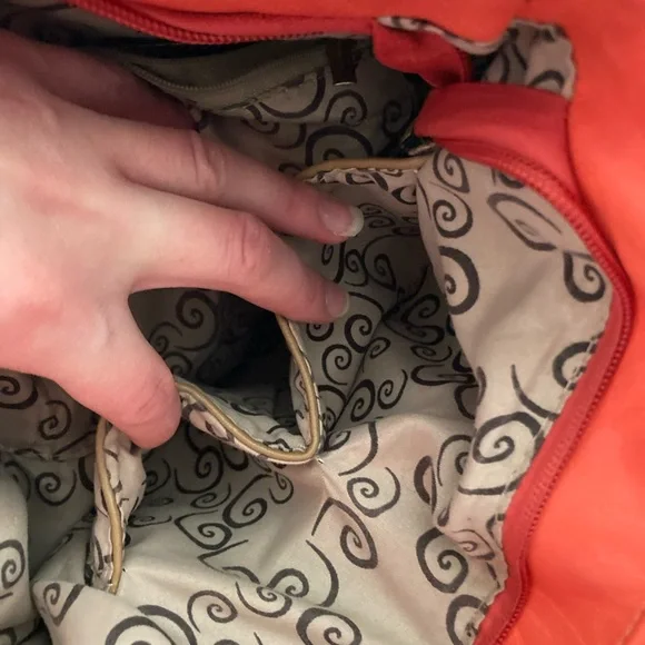 Coral & camel/tan, gold studded, purse. - Picture 8 of 14